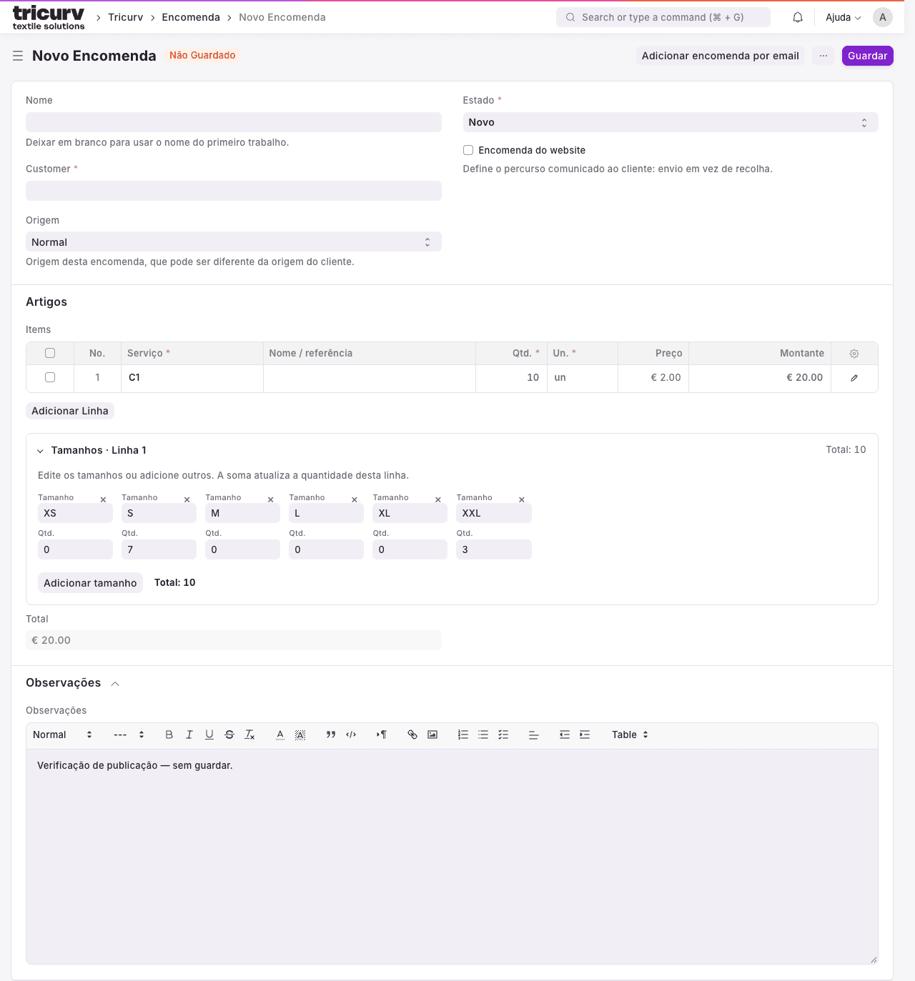 Captura real do Frappe personalizado para a Tricurv: nova encomenda, artigos e distribuição por tamanhos XS a XXL, num registo de teste sem cliente.