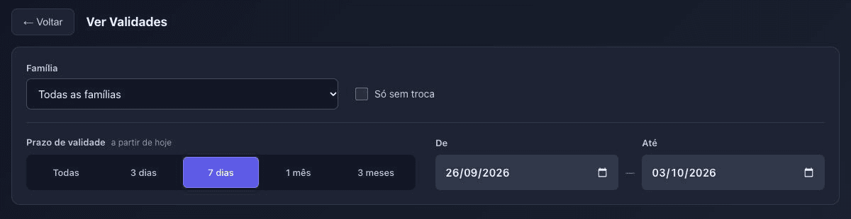 Interface real do SAGEPDA: filtro de validades com o período de sete dias selecionado e intervalo de datas.