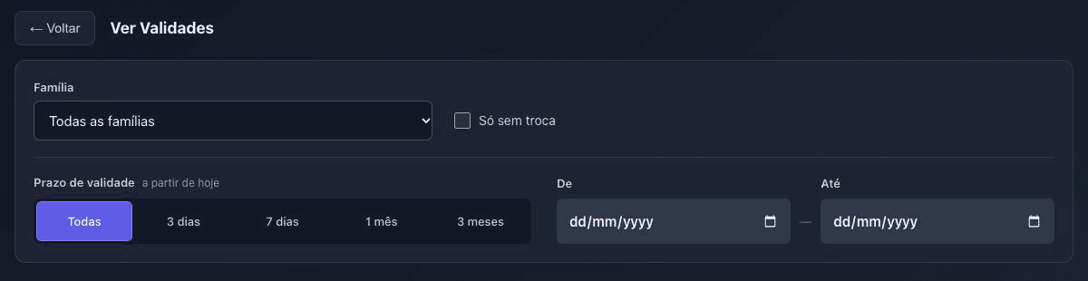 Filtros reais da consulta de validades do SAGEPDA, incluindo família, condição de troca e período.